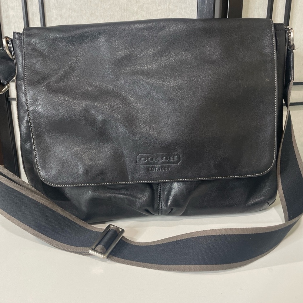 COACH Heritage Web Black Leather Messenger Bag #F70556